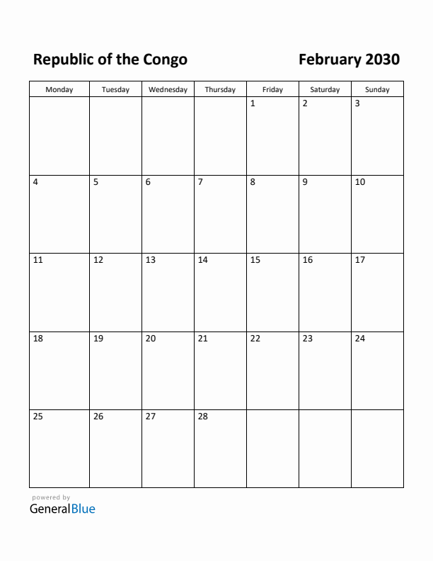 February 2030 Calendar with Republic of the Congo Holidays