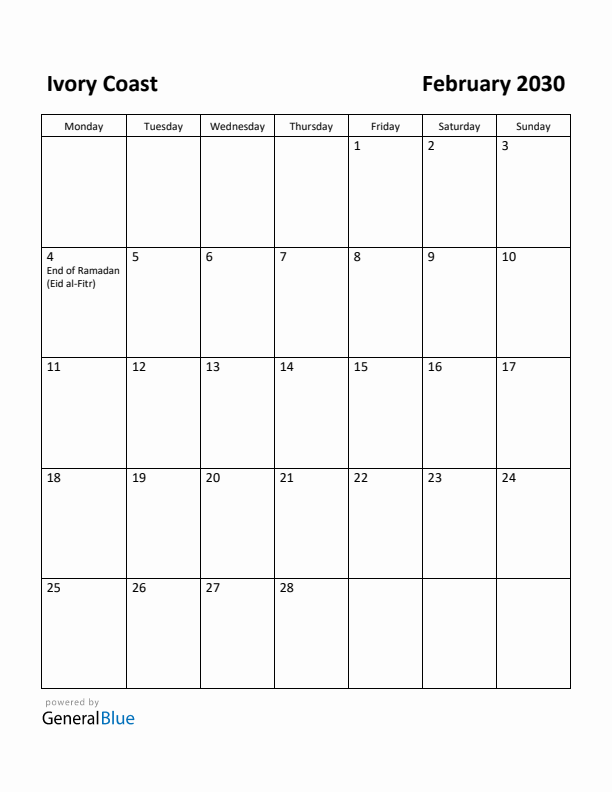 February 2030 Calendar with Ivory Coast Holidays