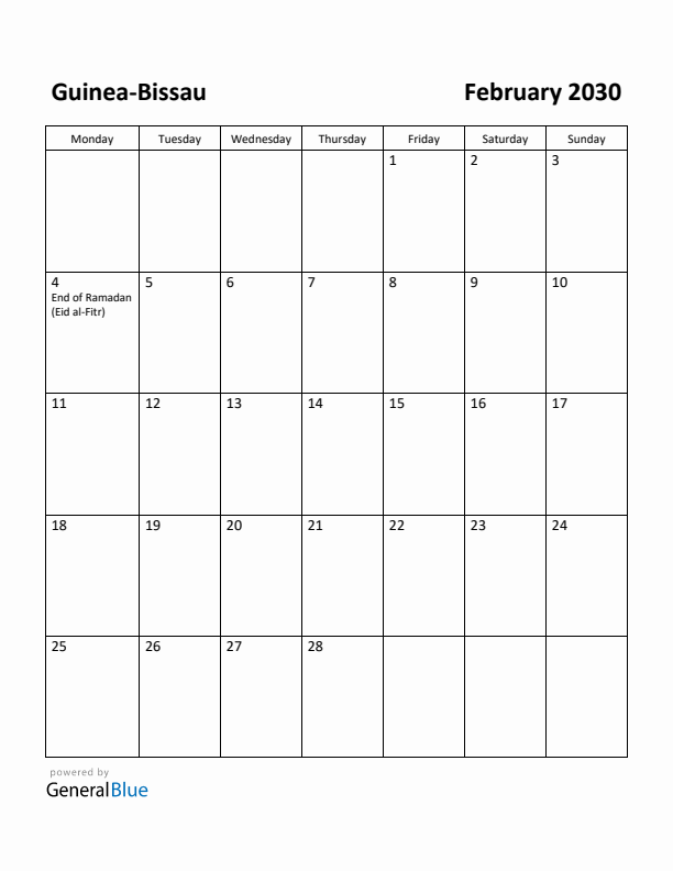 February 2030 Calendar with Guinea-Bissau Holidays
