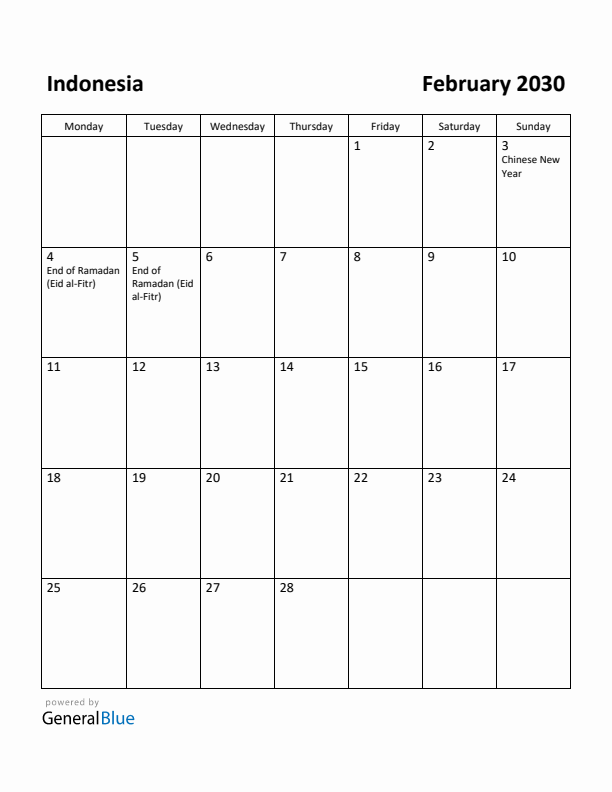 February 2030 Calendar with Indonesia Holidays