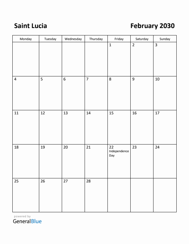 February 2030 Calendar with Saint Lucia Holidays