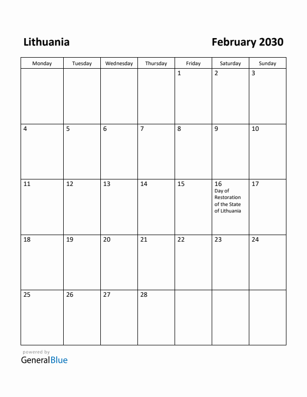February 2030 Calendar with Lithuania Holidays