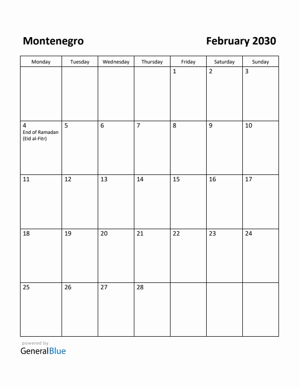 February 2030 Calendar with Montenegro Holidays