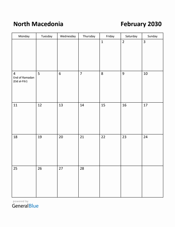February 2030 Calendar with North Macedonia Holidays