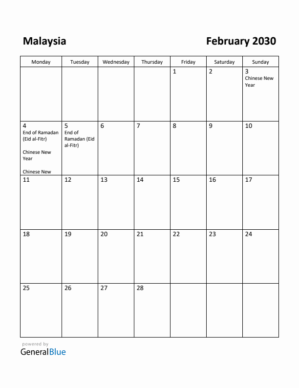 February 2030 Calendar with Malaysia Holidays