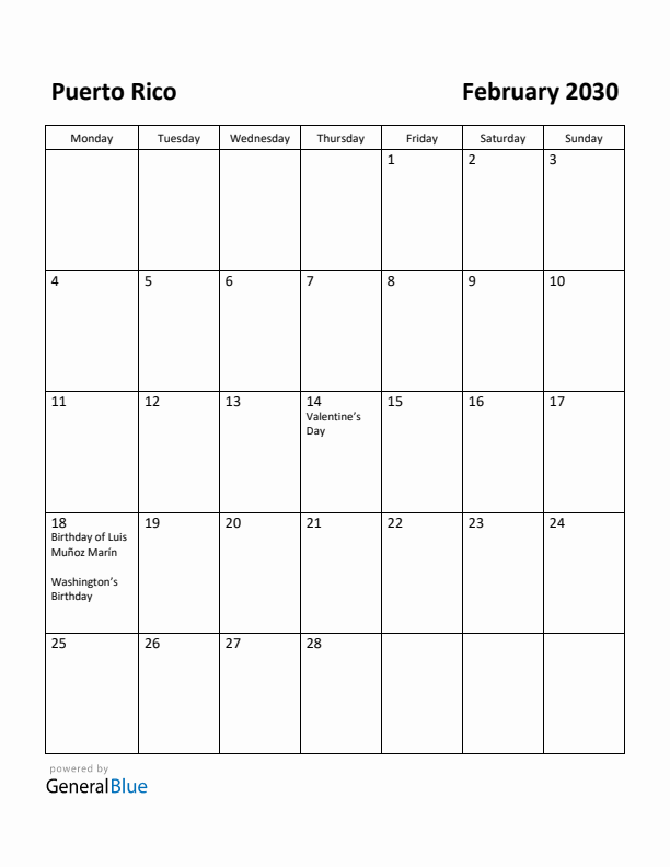 February 2030 Calendar with Puerto Rico Holidays