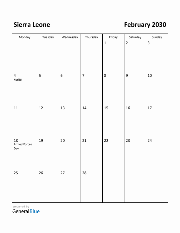 February 2030 Calendar with Sierra Leone Holidays