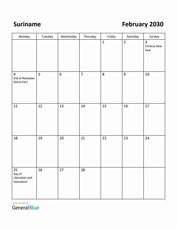 February 2030 Calendar with Suriname Holidays