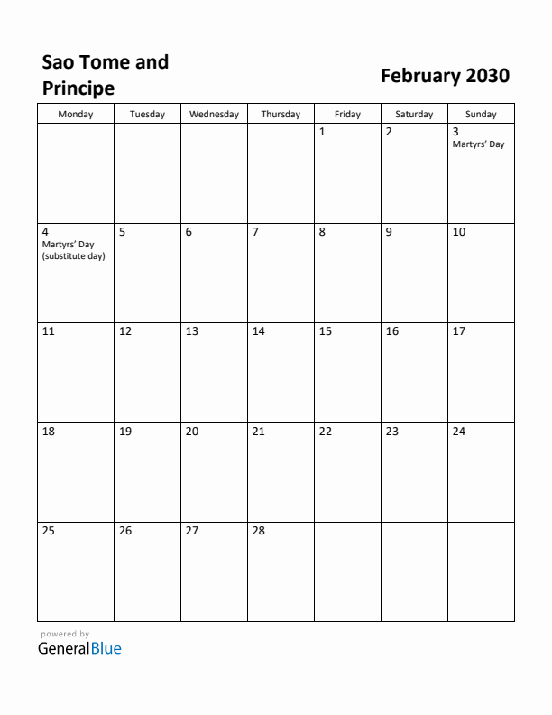 February 2030 Calendar with Sao Tome and Principe Holidays