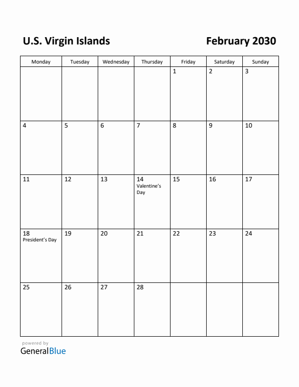 February 2030 Calendar with U.S. Virgin Islands Holidays