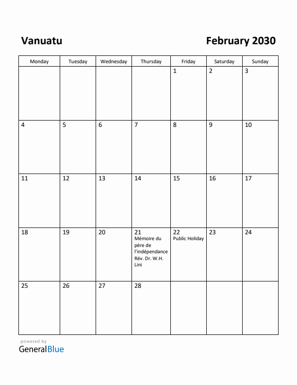 February 2030 Calendar with Vanuatu Holidays