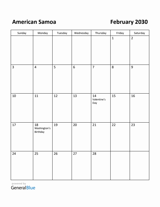February 2030 Calendar with American Samoa Holidays