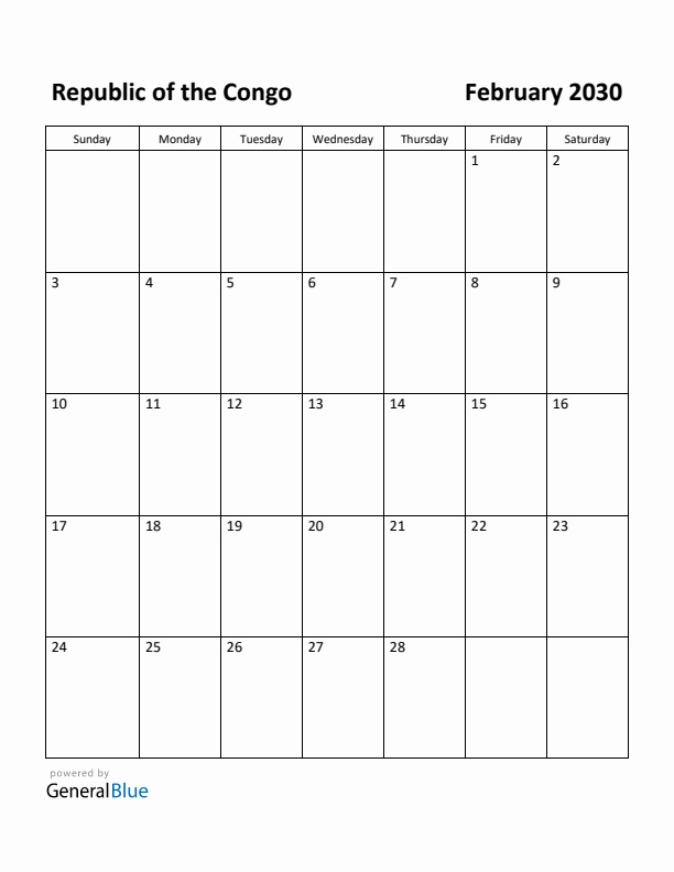 February 2030 Calendar with Republic of the Congo Holidays
