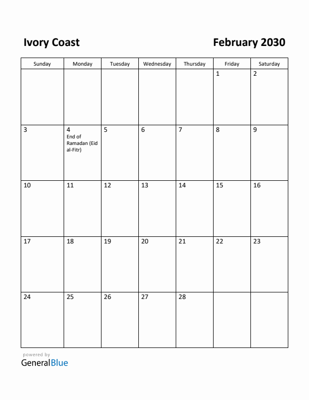 February 2030 Calendar with Ivory Coast Holidays