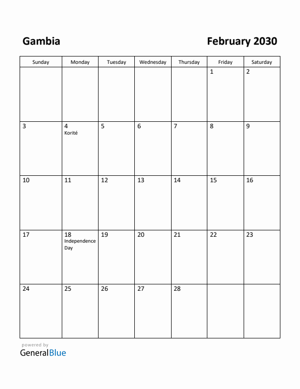 February 2030 Calendar with Gambia Holidays