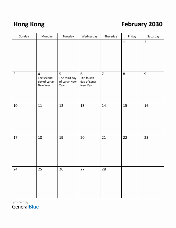 February 2030 Calendar with Hong Kong Holidays