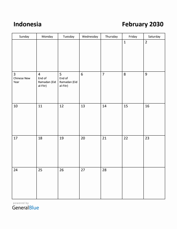 February 2030 Calendar with Indonesia Holidays