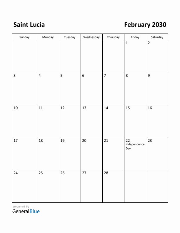 February 2030 Calendar with Saint Lucia Holidays