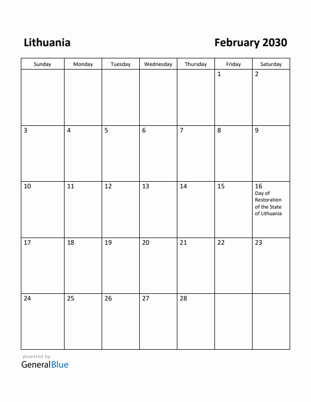 February 2030 Calendar with Lithuania Holidays