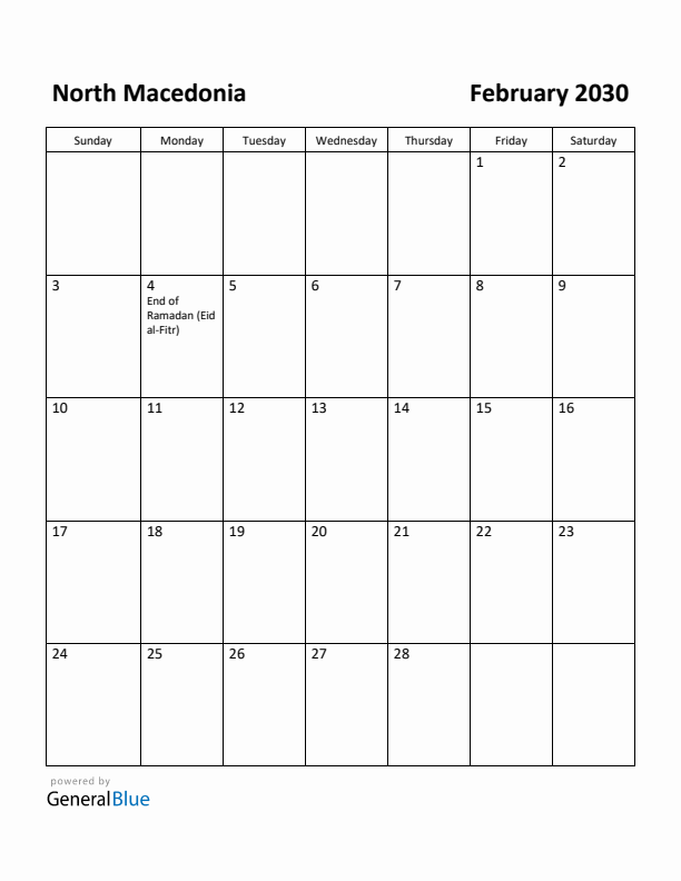 February 2030 Calendar with North Macedonia Holidays