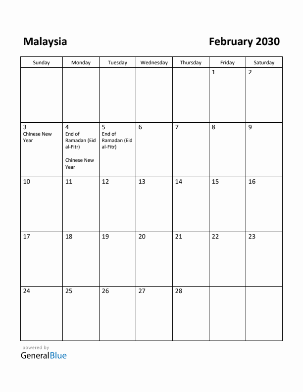 February 2030 Calendar with Malaysia Holidays