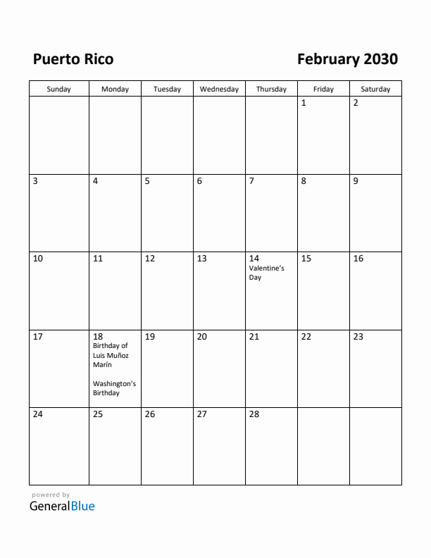 February 2030 Calendar with Puerto Rico Holidays
