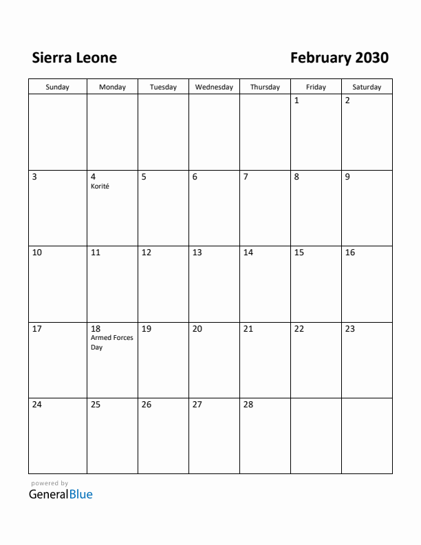 February 2030 Calendar with Sierra Leone Holidays
