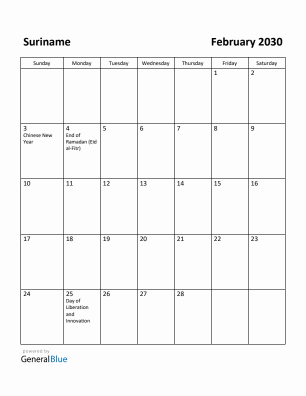 February 2030 Calendar with Suriname Holidays