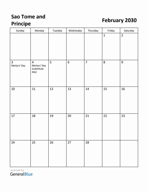February 2030 Calendar with Sao Tome and Principe Holidays