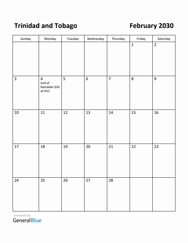 February 2030 Calendar with Trinidad and Tobago Holidays