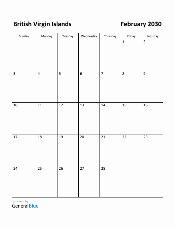 February 2030 Calendar with British Virgin Islands Holidays