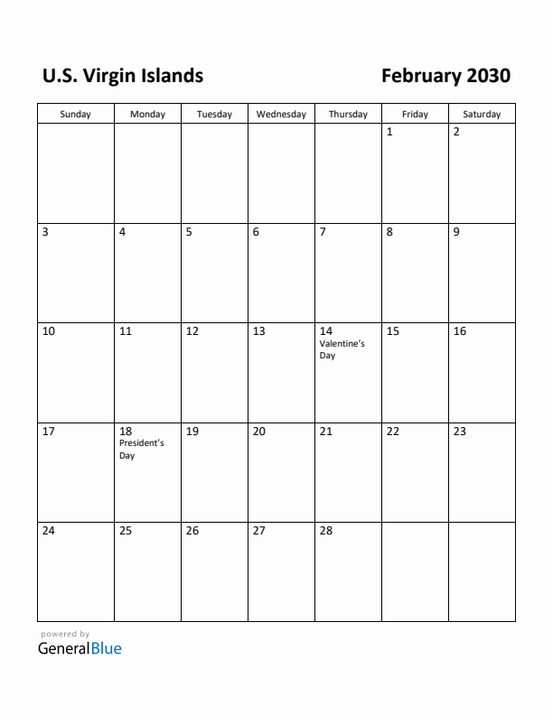 February 2030 Calendar with U.S. Virgin Islands Holidays