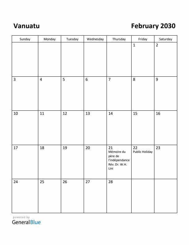 February 2030 Calendar with Vanuatu Holidays