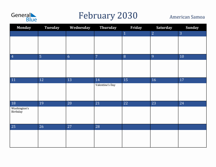 February 2030 American Samoa Calendar (Monday Start)