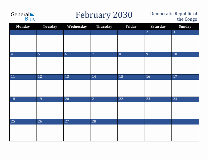 February 2030 Democratic Republic of the Congo Calendar (Monday Start)