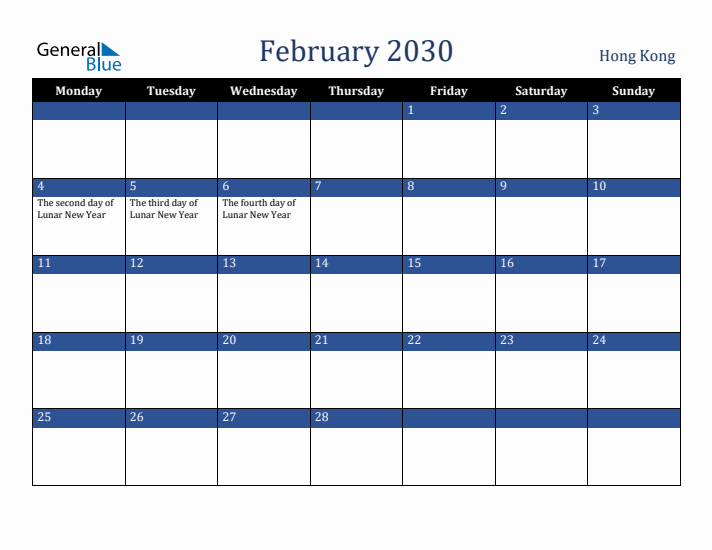 February 2030 Hong Kong Calendar (Monday Start)