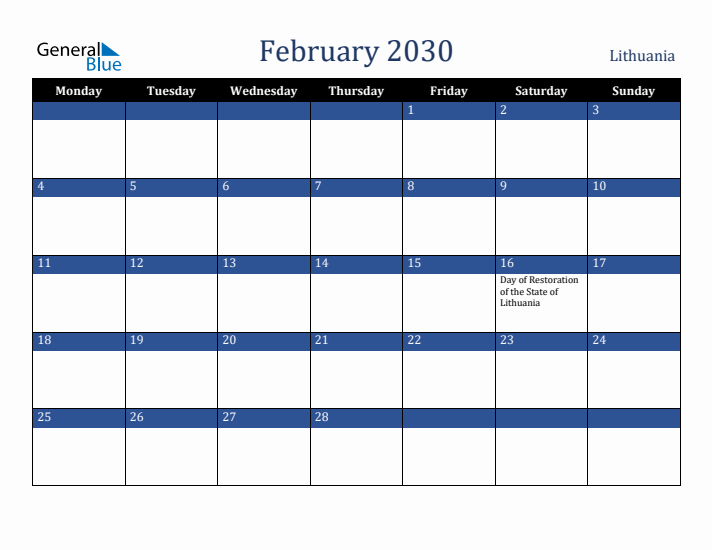 February 2030 Lithuania Calendar (Monday Start)
