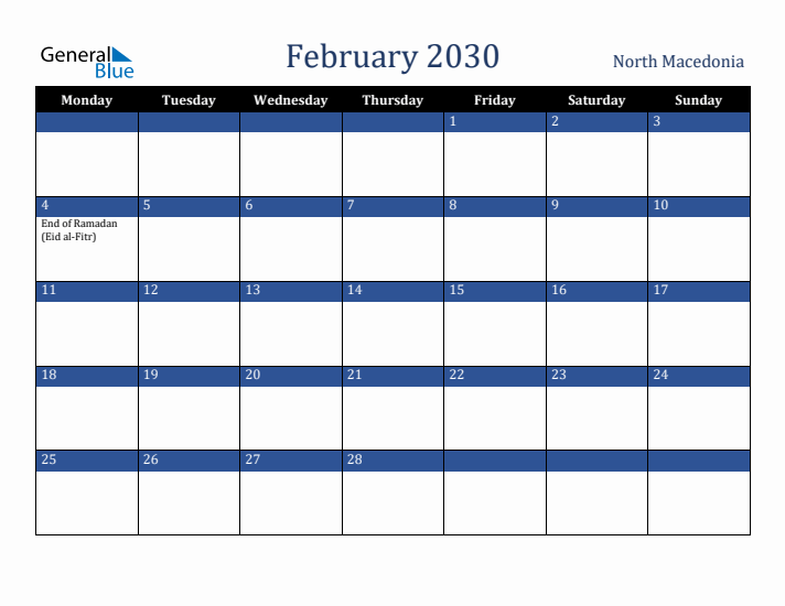 February 2030 North Macedonia Calendar (Monday Start)