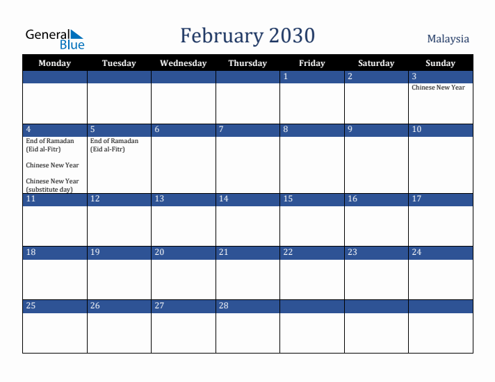 February 2030 Malaysia Calendar (Monday Start)
