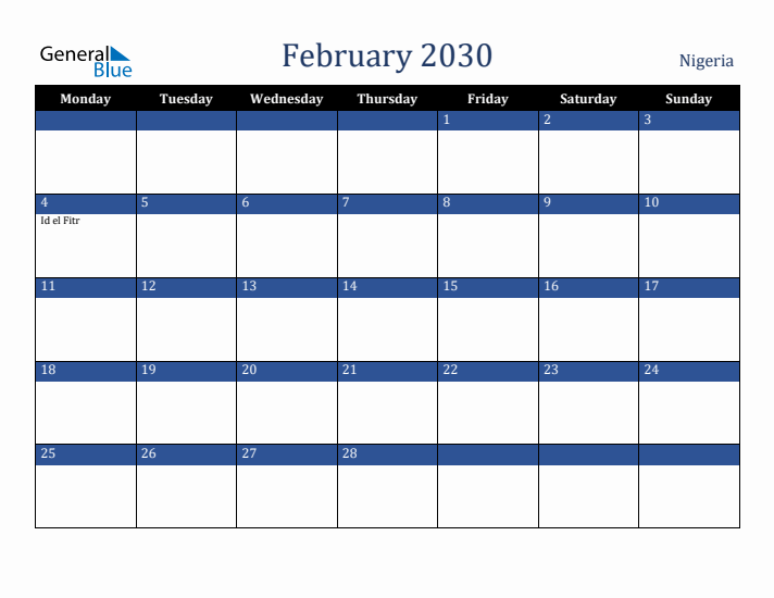 February 2030 Nigeria Calendar (Monday Start)