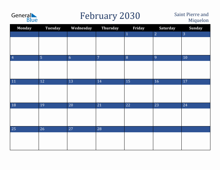 February 2030 Saint Pierre and Miquelon Calendar (Monday Start)