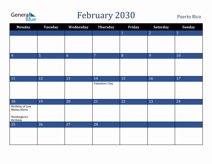 February 2030 Puerto Rico Calendar (Monday Start)