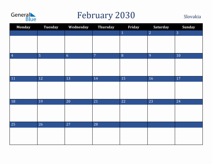 February 2030 Slovakia Calendar (Monday Start)