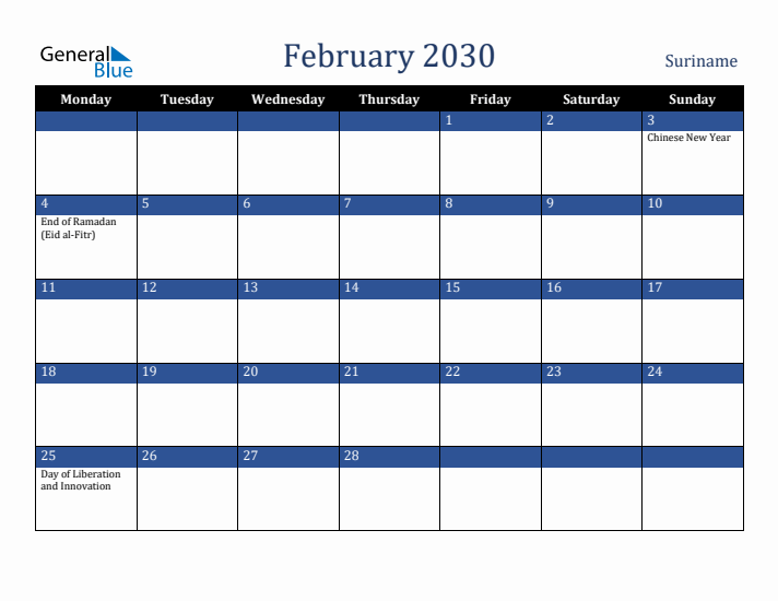 February 2030 Suriname Calendar (Monday Start)