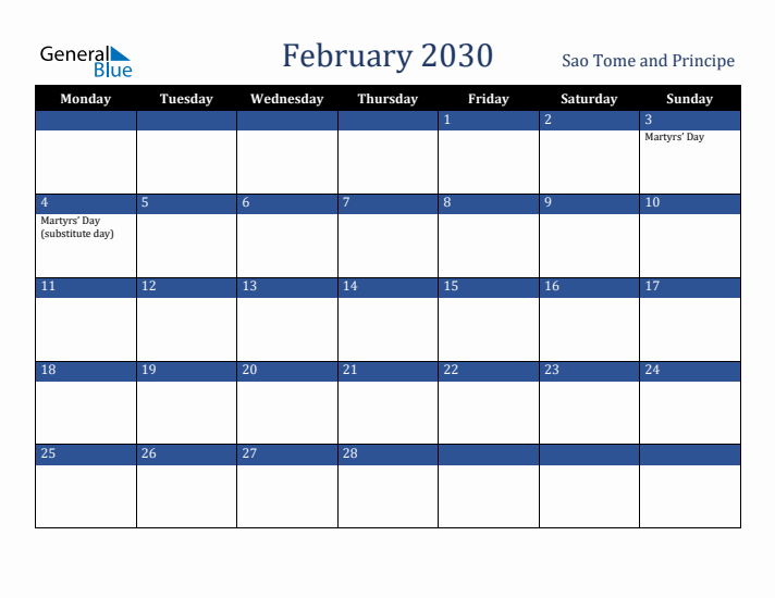 February 2030 Sao Tome and Principe Calendar (Monday Start)