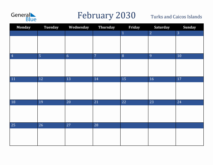 February 2030 Turks and Caicos Islands Calendar (Monday Start)