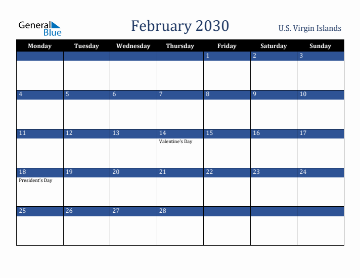 February 2030 U.S. Virgin Islands Calendar (Monday Start)
