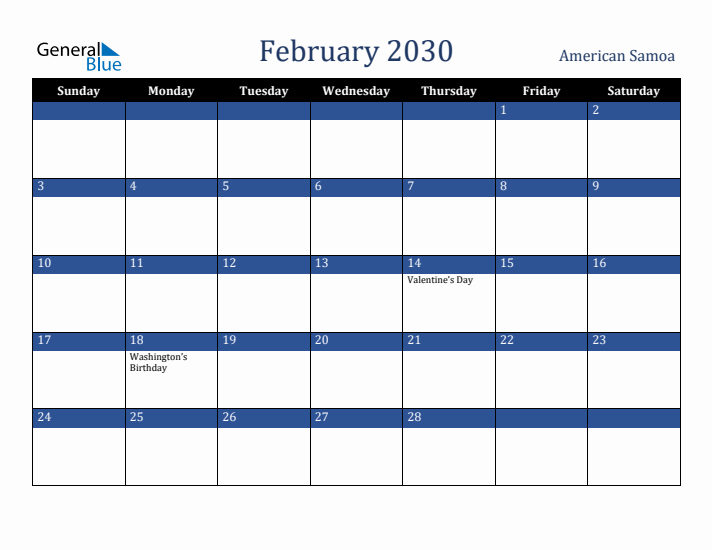 February 2030 American Samoa Calendar (Sunday Start)