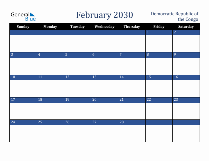 February 2030 Democratic Republic of the Congo Calendar (Sunday Start)