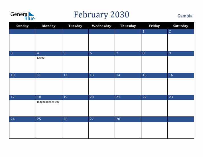 February 2030 Gambia Calendar (Sunday Start)